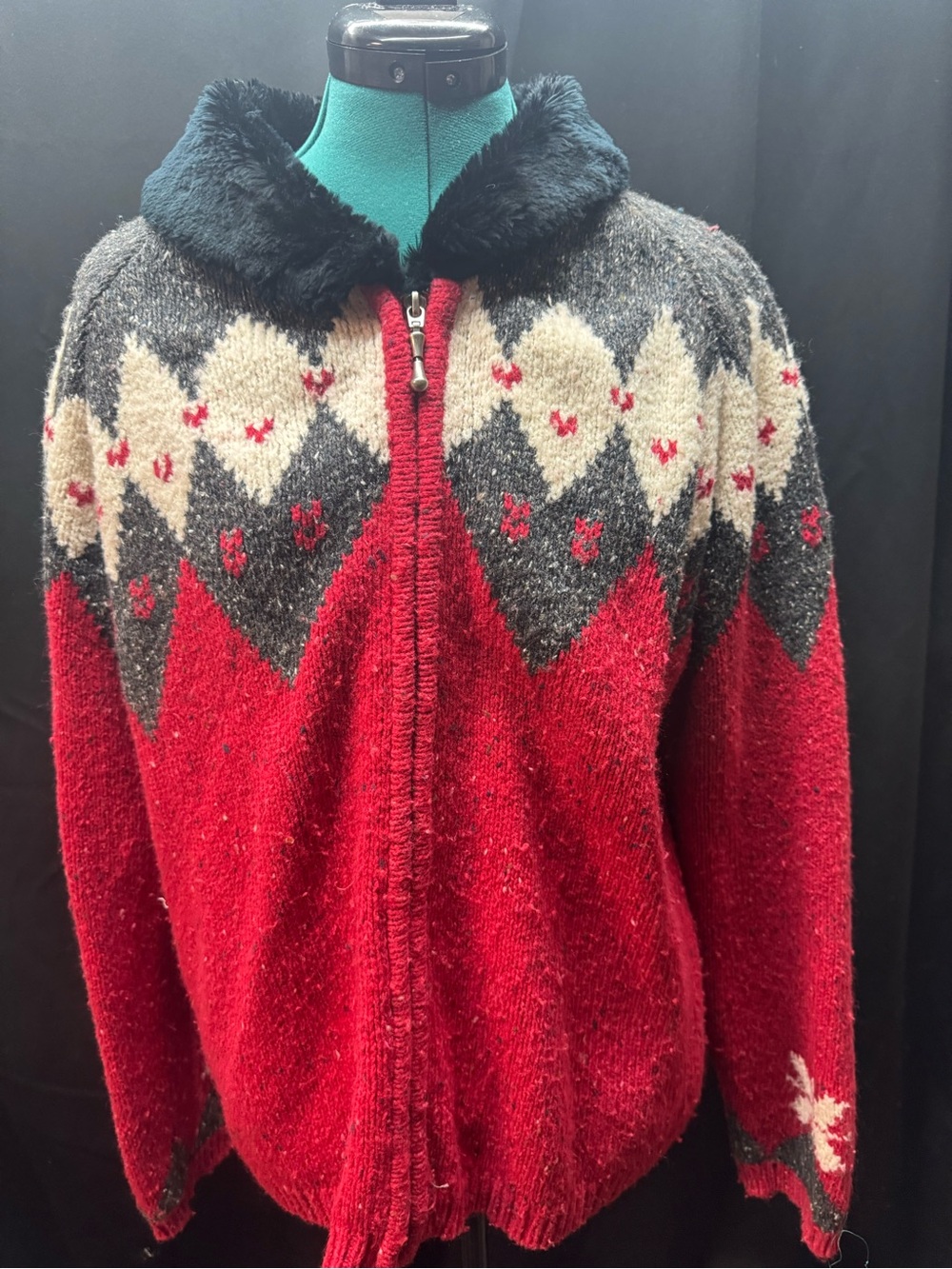 croft & barrow Red Fair Isle Zip-Front Teddy Collar Jacket